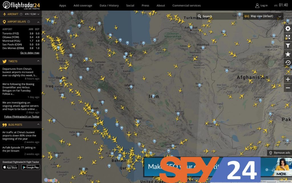 ترافیک هوایی جهان , هواپیماهای درحال پرواز در سراسر دنیا , مشاهده هواپیماهای در حال پرواز ایران